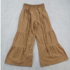 Womens Camel Brown Tiered Wide Leg Smocked Waist Boho Flowy Palazzo Pants Medium